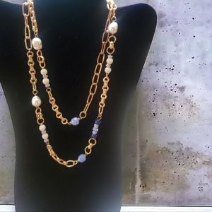 GOLD WITH NAVY,  BLUE AND WHITE BEADED 20" NECKLACE